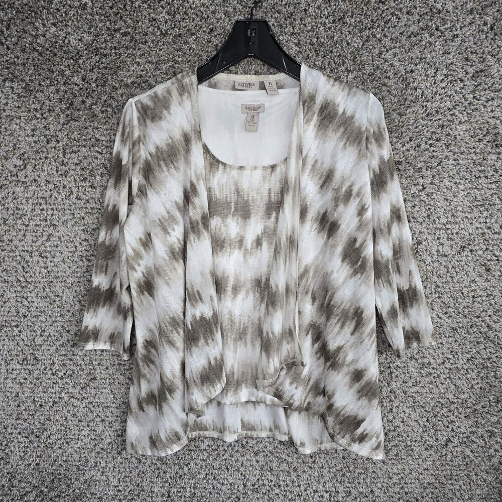 Chicos Easywear Top Womens 0 US Small Tank Cardigan Set Beige Mesh Ladies